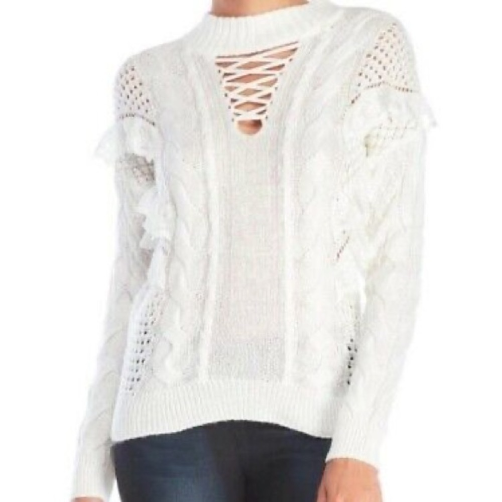 Torn by Ronny Kobo Off White Lace ruffle Cable Knit mock neck sweater xs